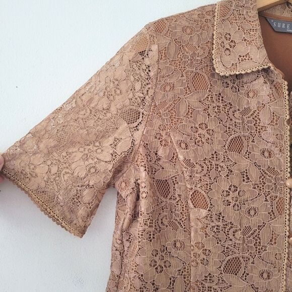 Sure Lady Renown Brown Lace Button Down Blouse Peter Pan Cropped S - Picture 3 of 7